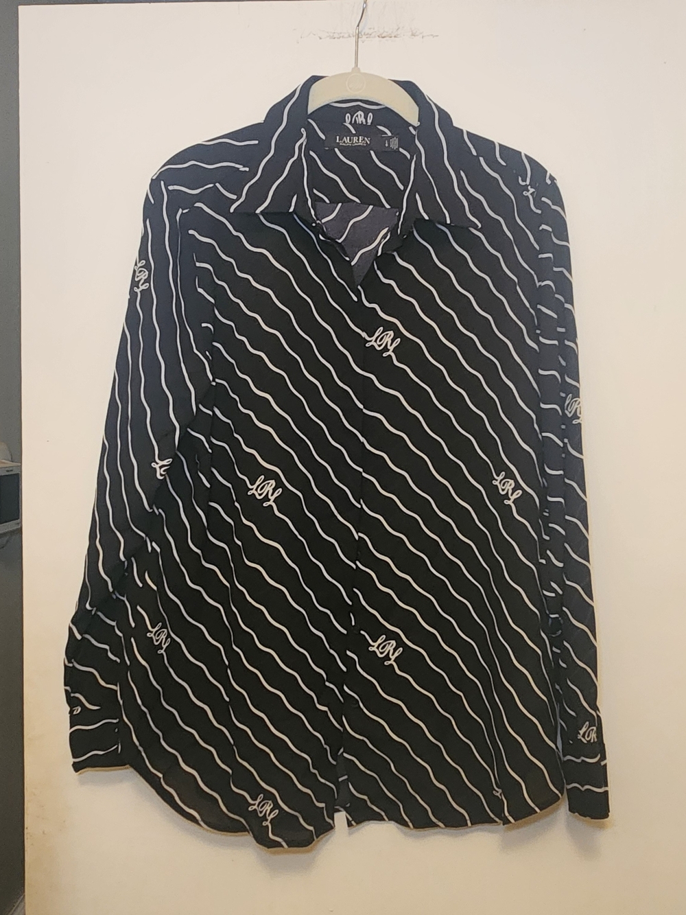 Lauren Ralph Lauren Black and White Diagonal Monogram Button-Down Blouse L